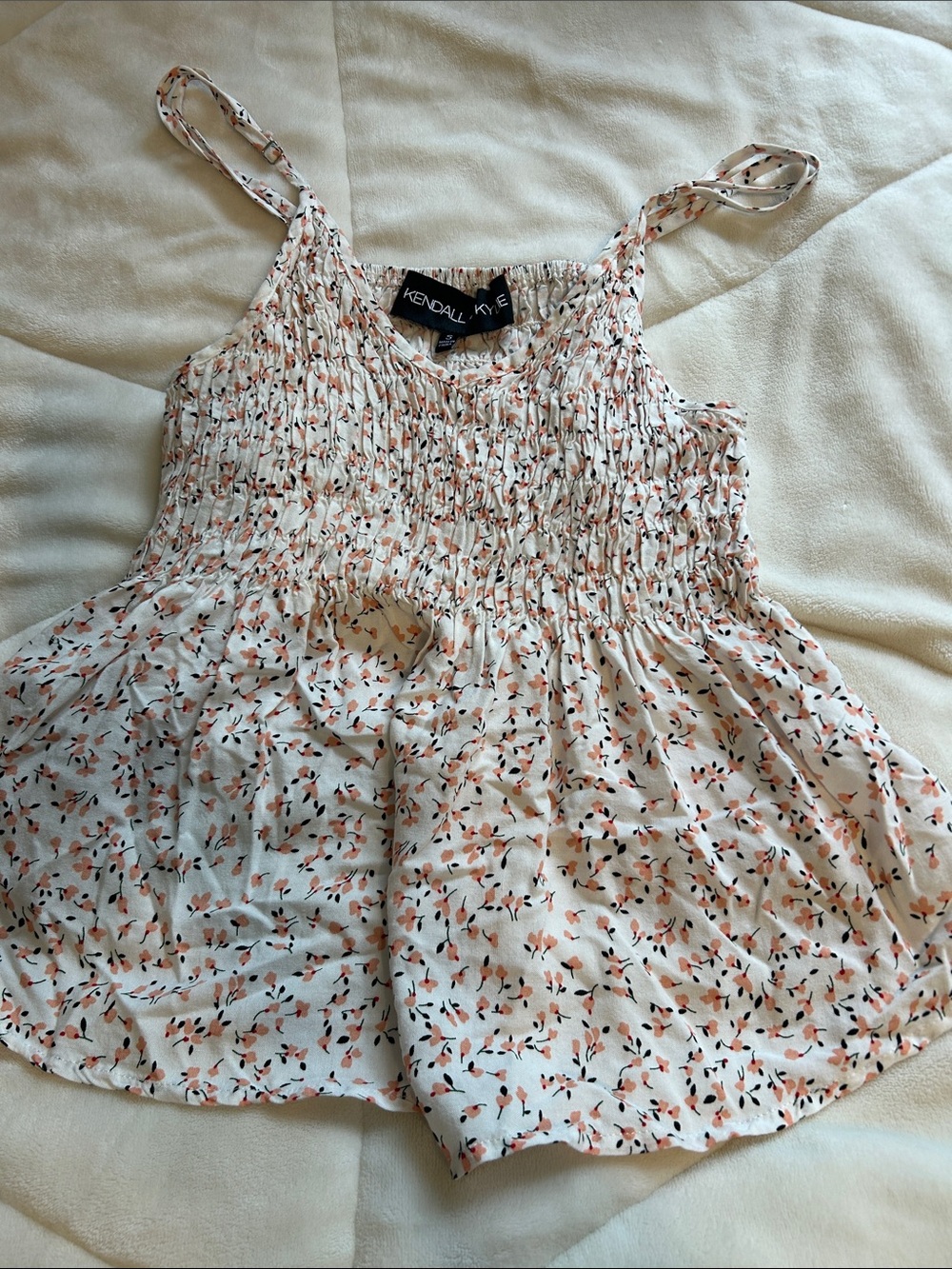 Kendall & Kylie White Floral Smocked Cami with Peach and Black Print